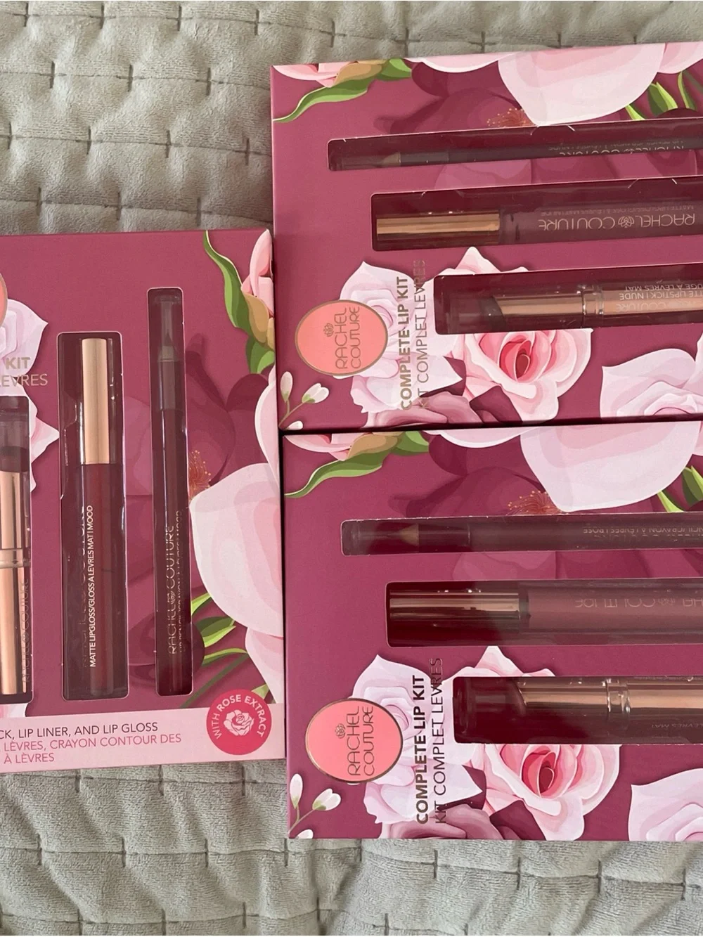 Lot of 3 Complete Lip Kit — Rose, nude and mood lipstick, gloss & liner